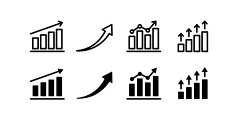 Growth icon set. Containing arrow up, growing graph, business chart icons. Vector illustration.