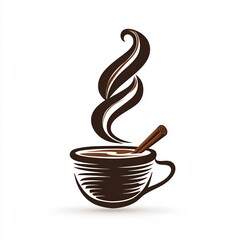 Elegant stylized logo of a steaming mug with a cinnamon stick and flowing swirl of aromatic steam on white background