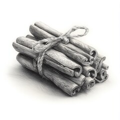 Realistic pencil sketch of a cinnamon stick bundle tied with string, shaded with delicate lines and texture on white background