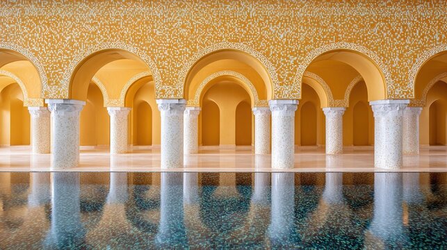 Stunning moroccan-inspired architecture with arched columns and reflective pool - Powered by Adobe
