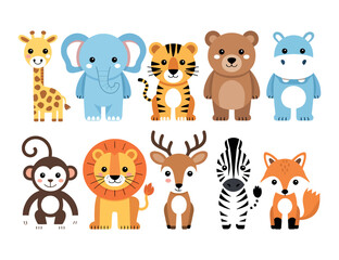A collection of ten cute cartoon animals stand together, including a giraffe, elephant, tiger, bear, and hippopotamus.