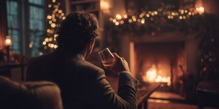 Man sits on couch with whiskey glass facing glowing fireplace and twinkling Christmas tree. Cozy introspective holiday evening, warm fireside solitude vibe.