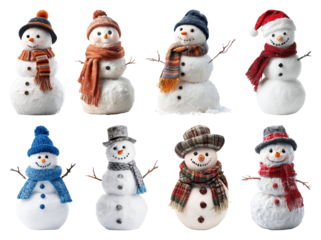 PNG Festive snowmen with colorful scarves, element set on transparent background