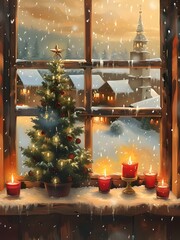Classic Christmas Wall Art Collection – Festive Holiday Scenes with Tree, Wreath, Santa and Snowy Village
