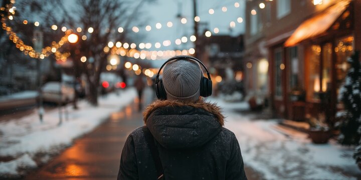 Teen in beanie headphones backpack walks snowy city lights bokeh. Introspective winter stroll, urban holiday soundtrack vibe.