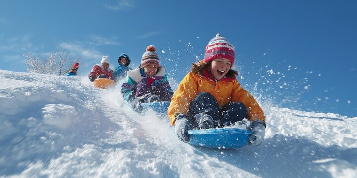 Cheerful child in winter clothes speeds down a snowy hill on a sled, spraying fresh snow. Pure joy and winter fun.