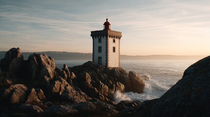 Dramatic sunset over coastal lighthouse on rocky shore