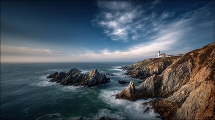 Ocean waves crashing against rocky cliffs at sunrise with lighthouse in the distance