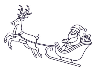 Santa Claus with Reindeer Sleigh Flying through Winter Sky, Magical Christmas Illustration for Greeting Cards and Holiday Night Celebration