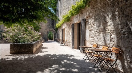 Tranquil outdoor café in sunlit european courtyard with rustic stone walls and wooden chairs