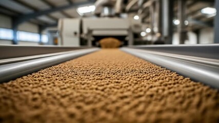 Conveyor belt carrying small brown pellets in a factory