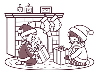 Santa Claus Giving Gifts to Children near Fireplace, Cozy Family Christmas Scene Illustration for Holiday Greeting and Celebration Design