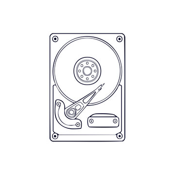 Line Art Illustration of an Open Hard Disk Drive Components