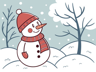 Cute Snowman with Red Scarf Standing in Snow, Simple Christmas Illustration for Holiday Greeting and Winter Design
