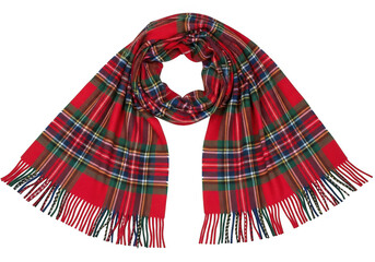 A red tartan plaid scarf with fringe, isolated on transparent background