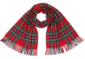 A red tartan plaid scarf with fringe, isolated on transparent background