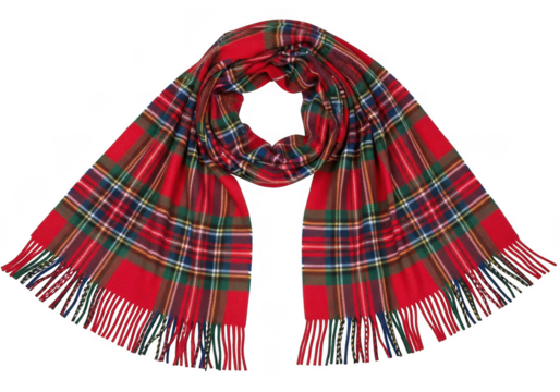 A red tartan plaid scarf with fringe, isolated on transparent background