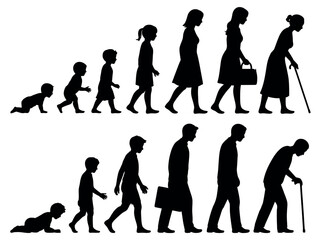 Silhouettes of people progressing through different stages of life, from infancy to old age.