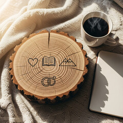 Cozy life goals concept with love, faith, adventure, and marriage icons on a rustic wood slice. A warm, hygge scene with hot coffee and a journal for planning personal values, dreams, and future