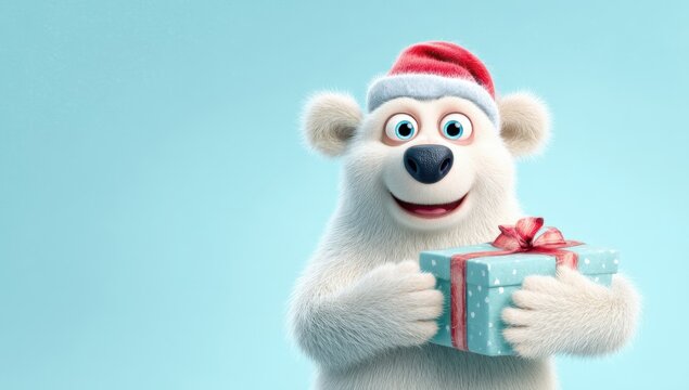 Adorable 3d polar bear character wearing a santa hat, holding a christmas gift box, for cheerful xmas present seasonal promotions and advertising