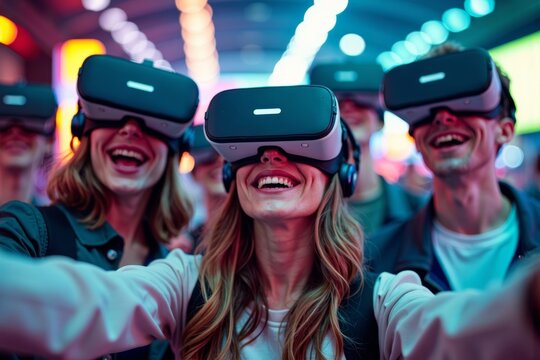Group selfie with VR headsets in a futuristic setting.