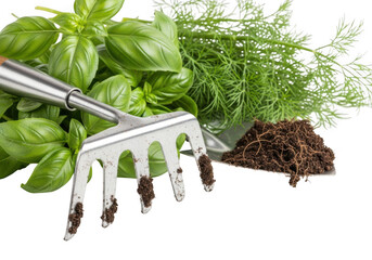 Gardening tools, fresh basil and dill herbs with soil isolated on transparent background