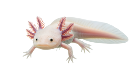 Albino axolotl isolated on white a Mexican salamander also known as a walking fish popular as a pet and for scientific research