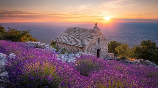 Sunset over rustic stone hut with lavender fields and mountains