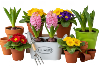 A collection of potted spring flowers including hyacinths, primroses, and pansies, with gardening tools, isolated on transparent background
