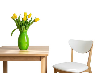 A vibrant green vase filled with yellow tulips sits on a wooden table next to a white chair, isolated on transparent background