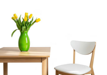 A vibrant green vase filled with yellow tulips sits on a wooden table next to a white chair, isolated on transparent background