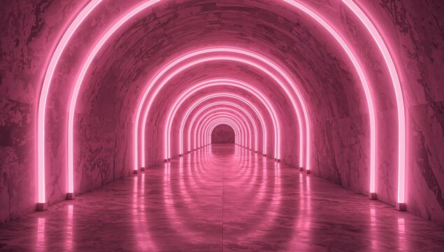Abstract Neon Tunnel Repeating Arches in Pink, Concrete Texture, Illuminated Perspective.