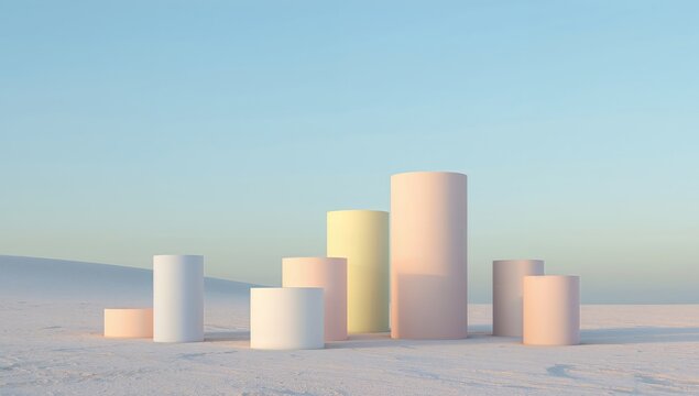 Abstract Pastel Cylinders in a Minimalist Landscape, Soft Light and Subtle Textures.