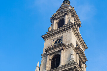 The towers of St. Stephen's Basilica in Budapest in winter sunshine