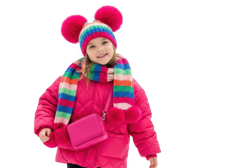 A happy young girl wearing a pink winter coat, a colorful striped hat with pompoms, and a matching scarf, isolated on transparent background