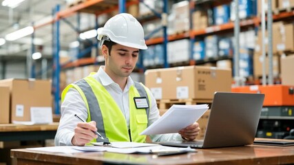 Focused male warehouse manager in safety vest and hard hat sitting at desk with laptop, reviewing documents and taking notes, organizing inventory in large storage facility. - Powered by Adobe