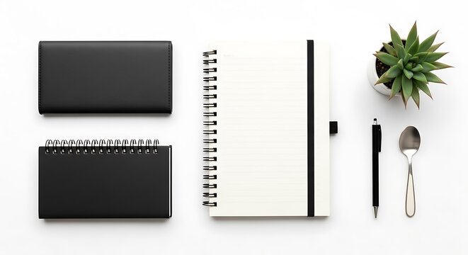Minimalist flat lay of black notebooks spiral notepad pen spoon and plant on white background