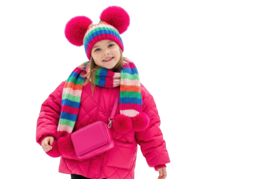 A happy young girl wearing a pink winter coat, a colorful striped hat with pompoms, and a matching scarf, isolated on transparent background