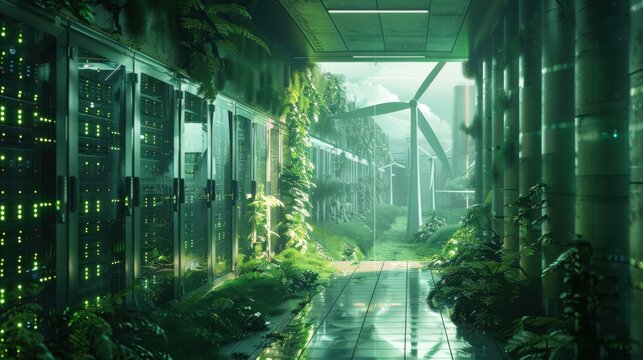 green AI server room concept powered by wind and solar