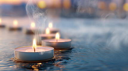 Naklejka na ściany i meble Floating candles in gentle mist — abstract scene of meditation and inner peace
