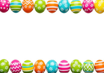 Colorful easter eggs with various patterns and designs arranged in a border on a transparent background