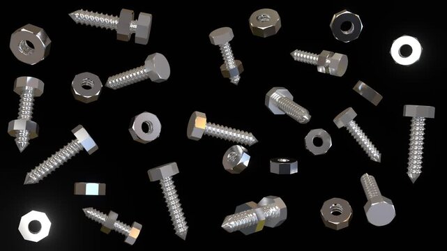 The seamless loop animation of some direction screws and nuts rotate as individual origins on dark black background created by 3D modeling.