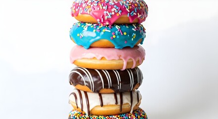 Stack of colorful donuts with sprinkles and icing on a white background treat