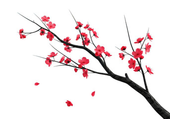 A delicate branch of a cherry blossom tree with vibrant red flowers, isolated on a transparent background