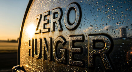 Zero Hunger message with water droplets at sunrise