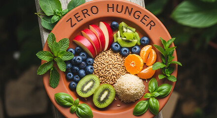 Fresh vibrant healthy food bowl promotes zero hunger concept