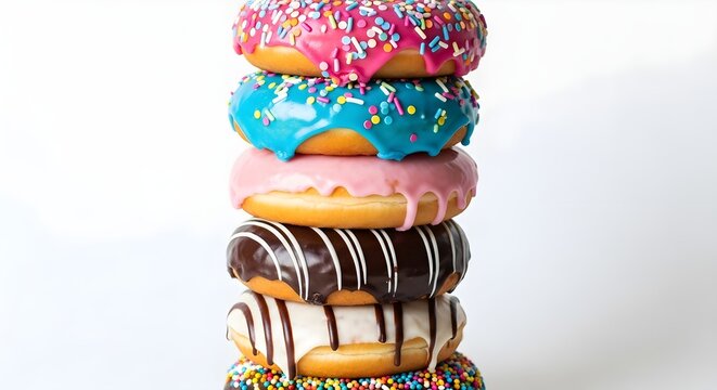 Stack of colorful donuts with sprinkles and icing on a white background treat