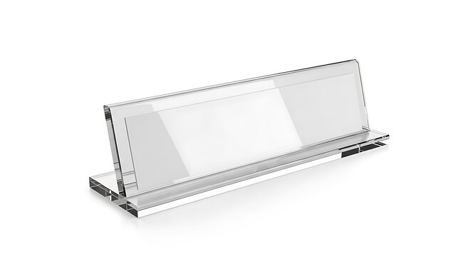 Clear acrylic nameplate holder with silver base on a white background