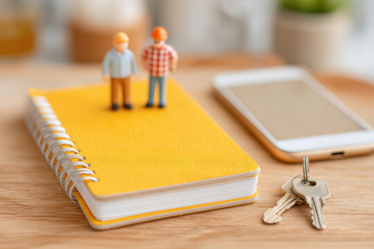 Wooden couple figurines holding hands on notepad