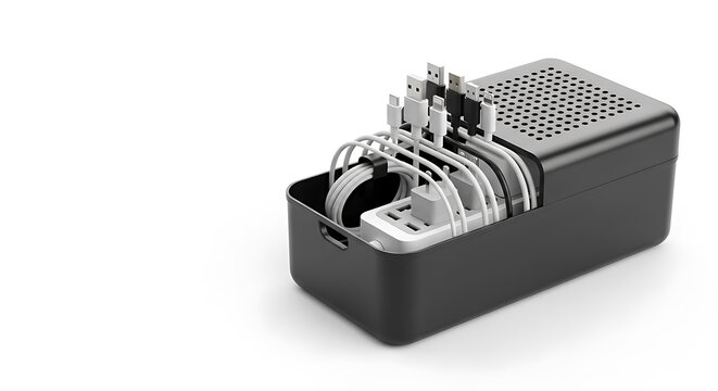 Modern black multi port usb charging station with multiple cables neatly organized